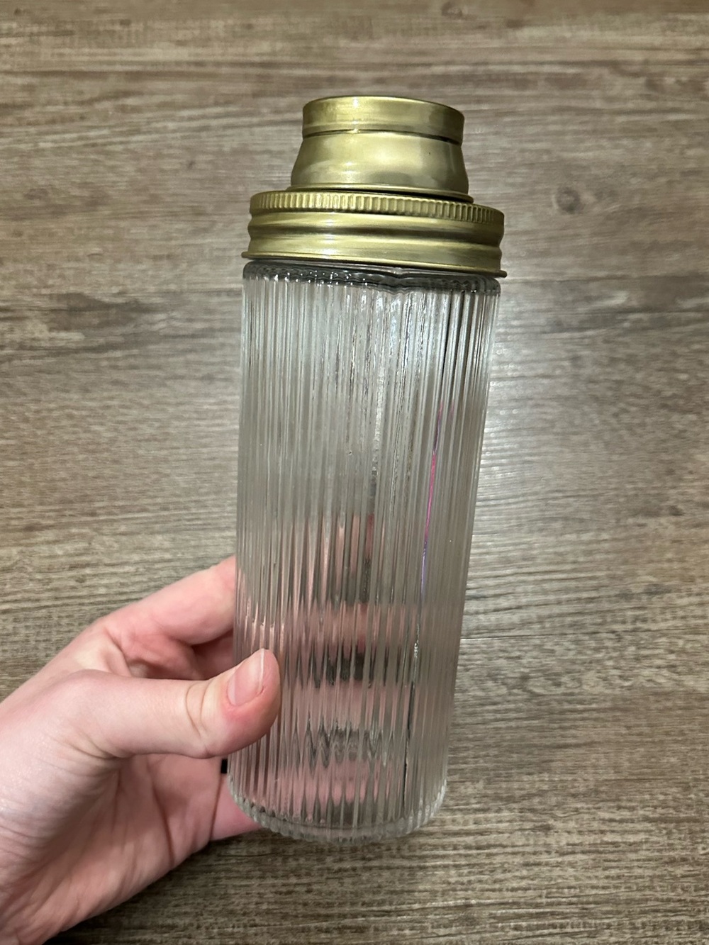 Clear Ribbed Glass Shaker with Brass-Tone Lid
